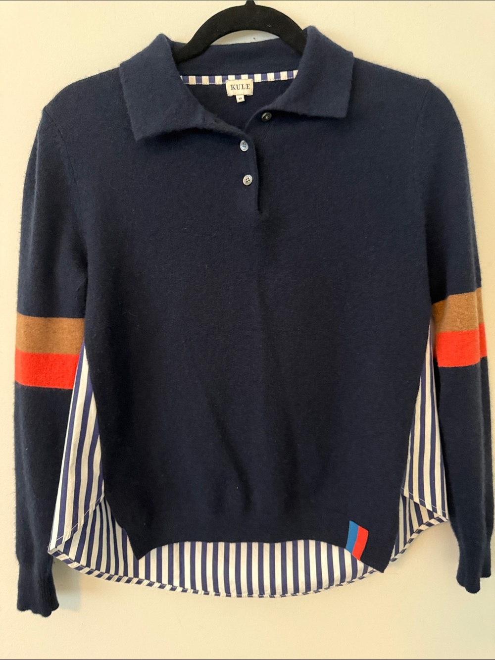 KULE Navy Polo Cashmere Sweater with Tan and Red Sleeve Bands